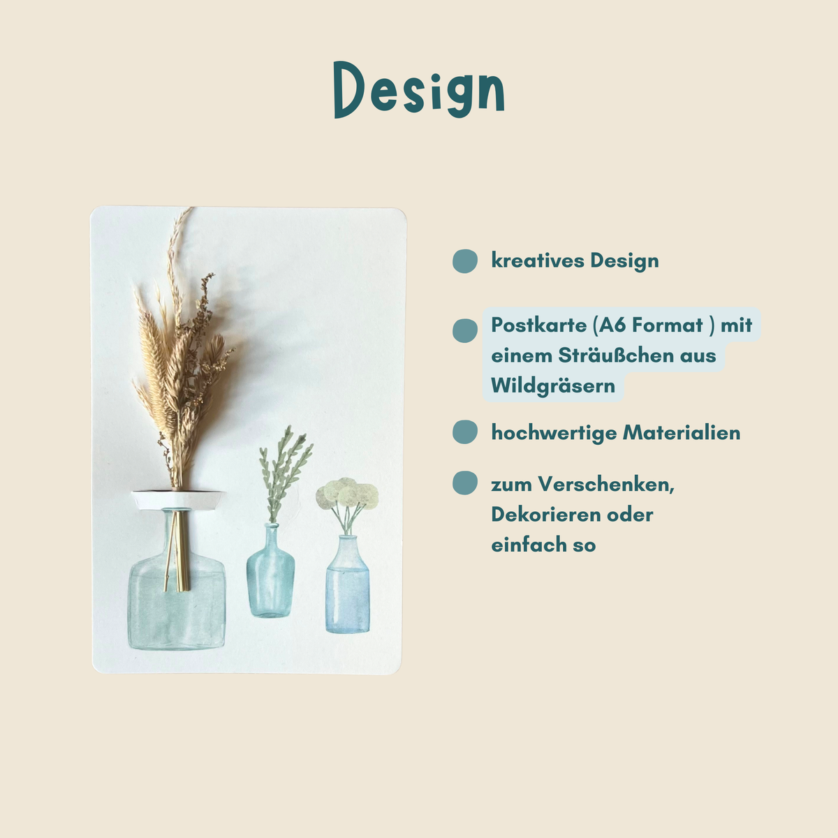 Postkarte von foodigence mit Sträußchen aus Wildgräsern in verschiedenen Vasen Designübersicht