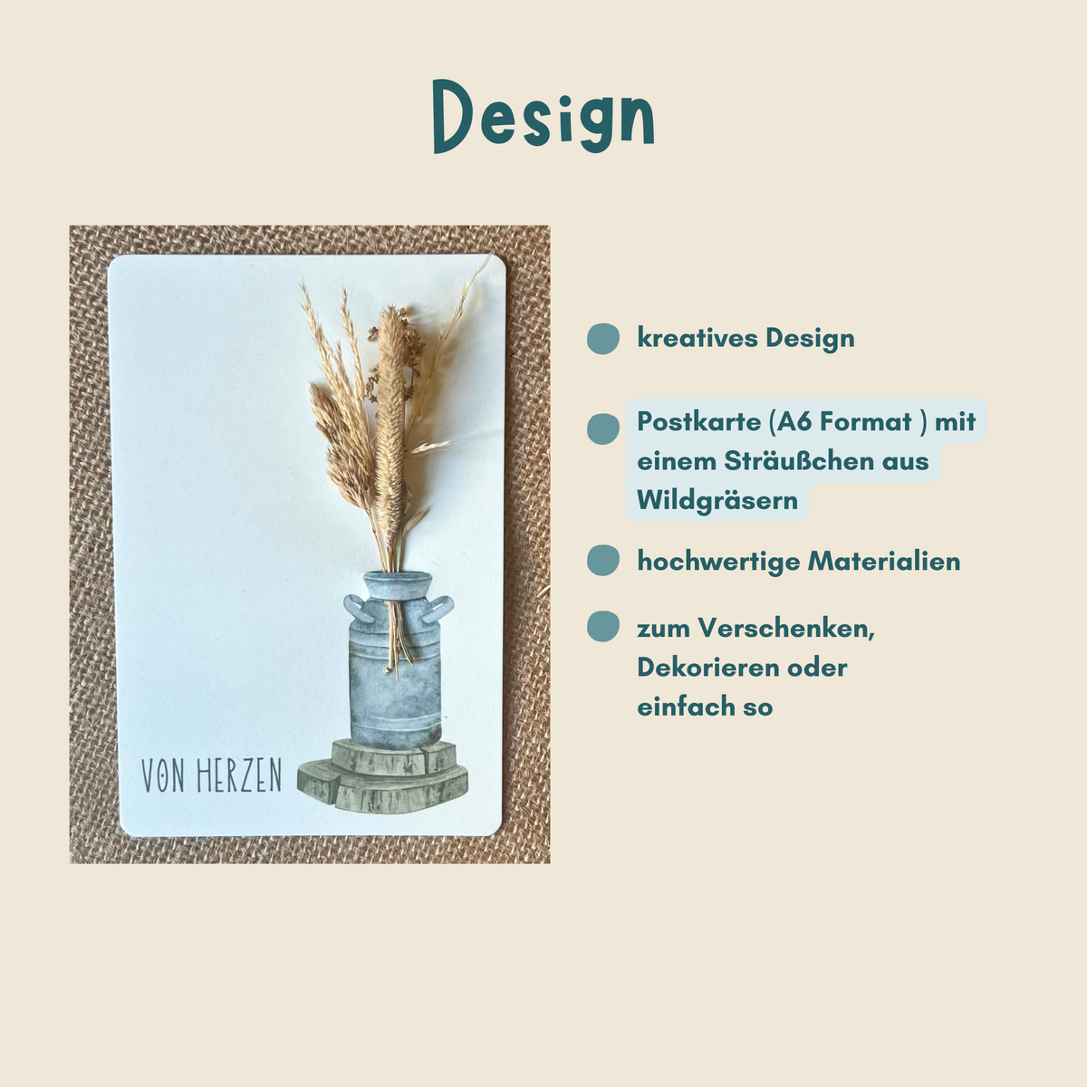 Postkarte von foodigence mit Sträußchen aus Wildgräsern "von Herzen" Designübersicht