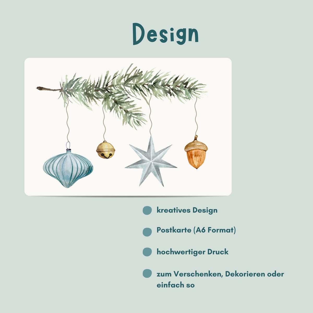 Übersicht Weihnachtskarte von foodigence mit Weihanchtskugeln hängend an einem Tannenzweig in einem bölauen und türkisen Design