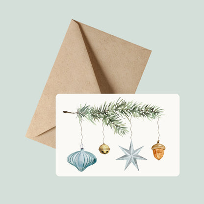 Weihnachtskarte von foodigence mit türkisen und blauen Weihnachtskugeln wahlweise mit Kraftpapierumschlag erhältlich