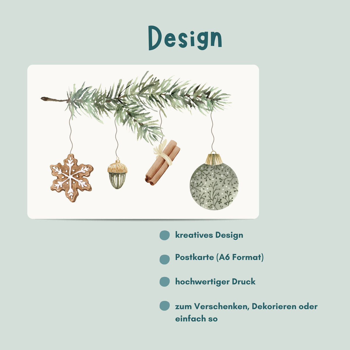 Übersicht Weihnachtskarte von foodigence mit Weihanchtskugeln hängend an einem Tannenzweig in einem grünem Design 