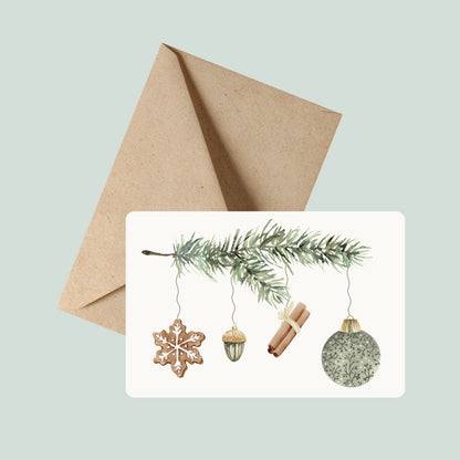 Weihnachtskarte von foodigence mit grünen Weihanchtskugeln wahlweise mit Kraftpapierumschlag erhältlich