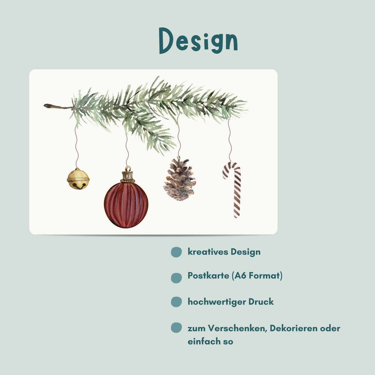Übersicht Weihnachtskarte von foodigence mit Weihanchtskugeln hängend an einem Tannenzweig in einem roten - bordeaux Design