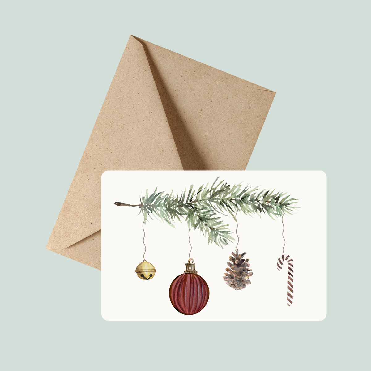 Weihnachtskarte von foodigence mit dunkelroten Weihnachtskugeln wahlweise mit Kraftpapierumschlag erhältlich