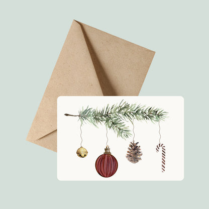 Weihnachtskarte von foodigence mit dunkelroten Weihnachtskugeln wahlweise mit Kraftpapierumschlag erhältlich