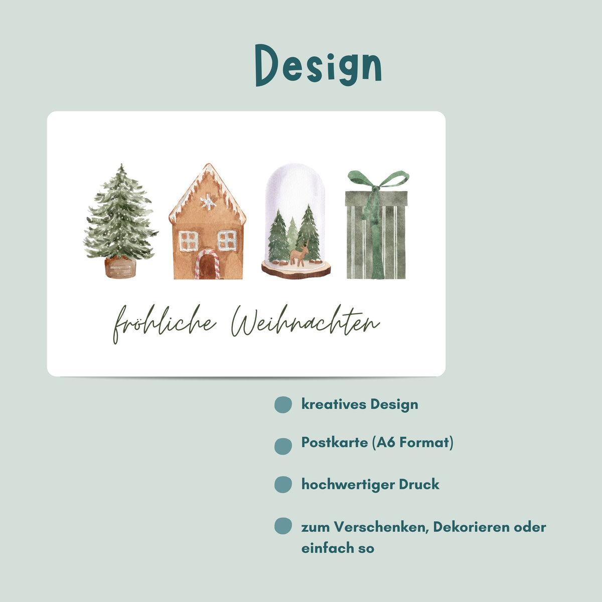 Übersicht Design Weihanchtspostkarten Set von foodigence "fröhliche Weihnachten" 