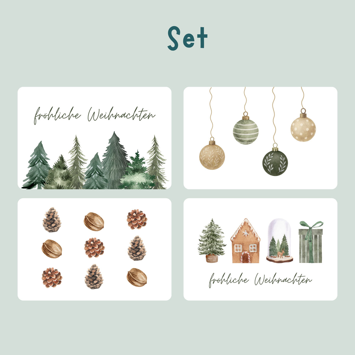 Set Weihnachtspostkarten von foodigence alle vier Varianten aufgezeigt - "fröhliche Weihanchten" mit Tannenbäumen, Weihnachtskugeln, Tannenzapfen & Walnüsse, weihnachtliche Motive "fröhliche Weihnachten" - alles in einem grün/braunen Design 