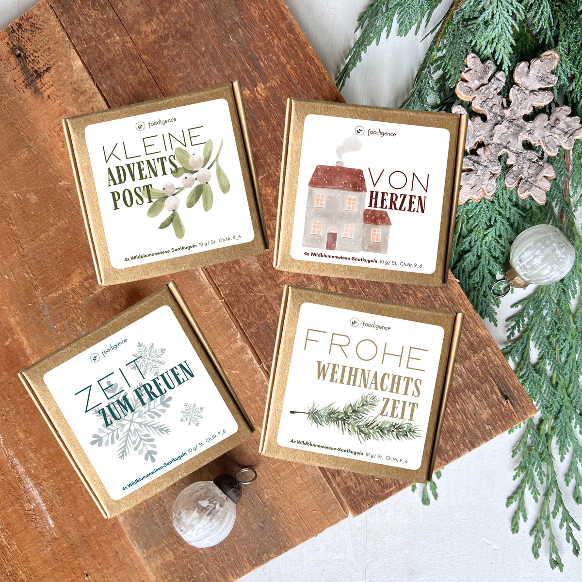 Übersicht winterliche Designs für Weihnachten und Adventszeit zum Verschenken - 4 neue Designs für Saatkugeln / Samenbomben aus Wildblumensamen von foodigence 
