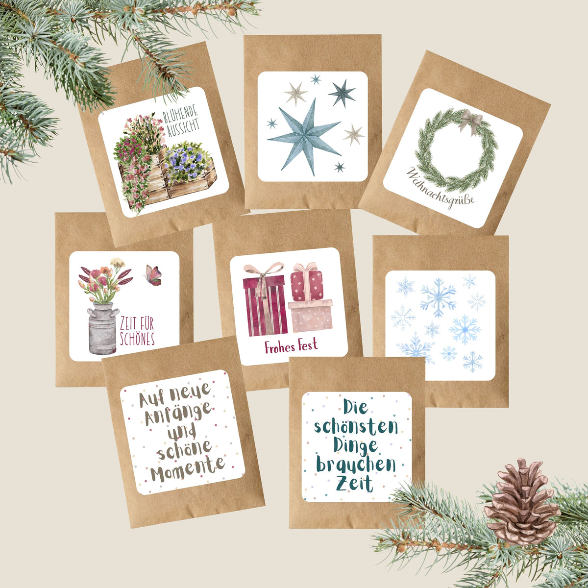 Samentütchen mit Wildblumensamen von foodigence Winter und Herbst Design - alle Designs als Thumnail in der Übersicht