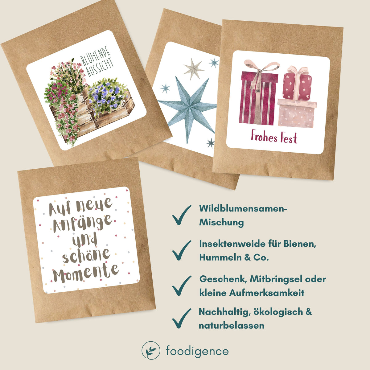Übersicht Inhalt und Materialien von den Samentütchen von foodigence im winterlichen Design