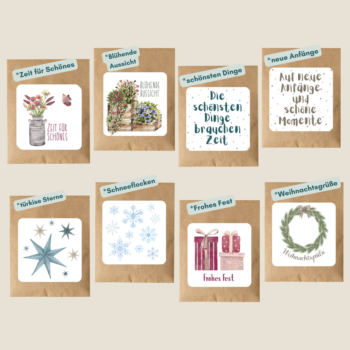 Beschriftete Übersicht aller Samentüchen in verschiedenen Designs - von Sprüchen über winterliche Designs von foodigence