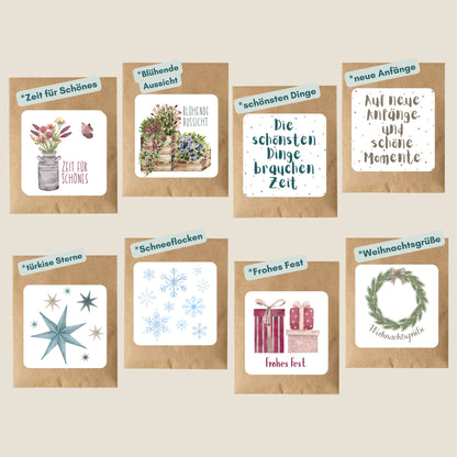 Beschriftete Übersicht aller Samentüchen in verschiedenen Designs - von Sprüchen über winterliche Designs von foodigence