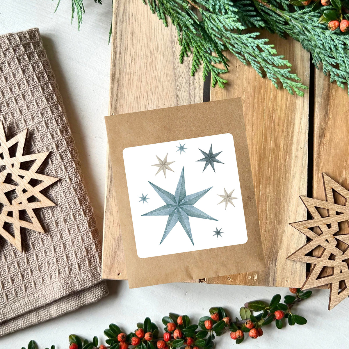 Blaue und beige Weihnachtssterne als Design für winterliches Samentütchen von foodigence