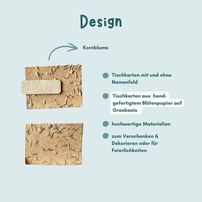 Überischt Design Tischkarten aus Blütenpapier mit Kornblumen von foodigence