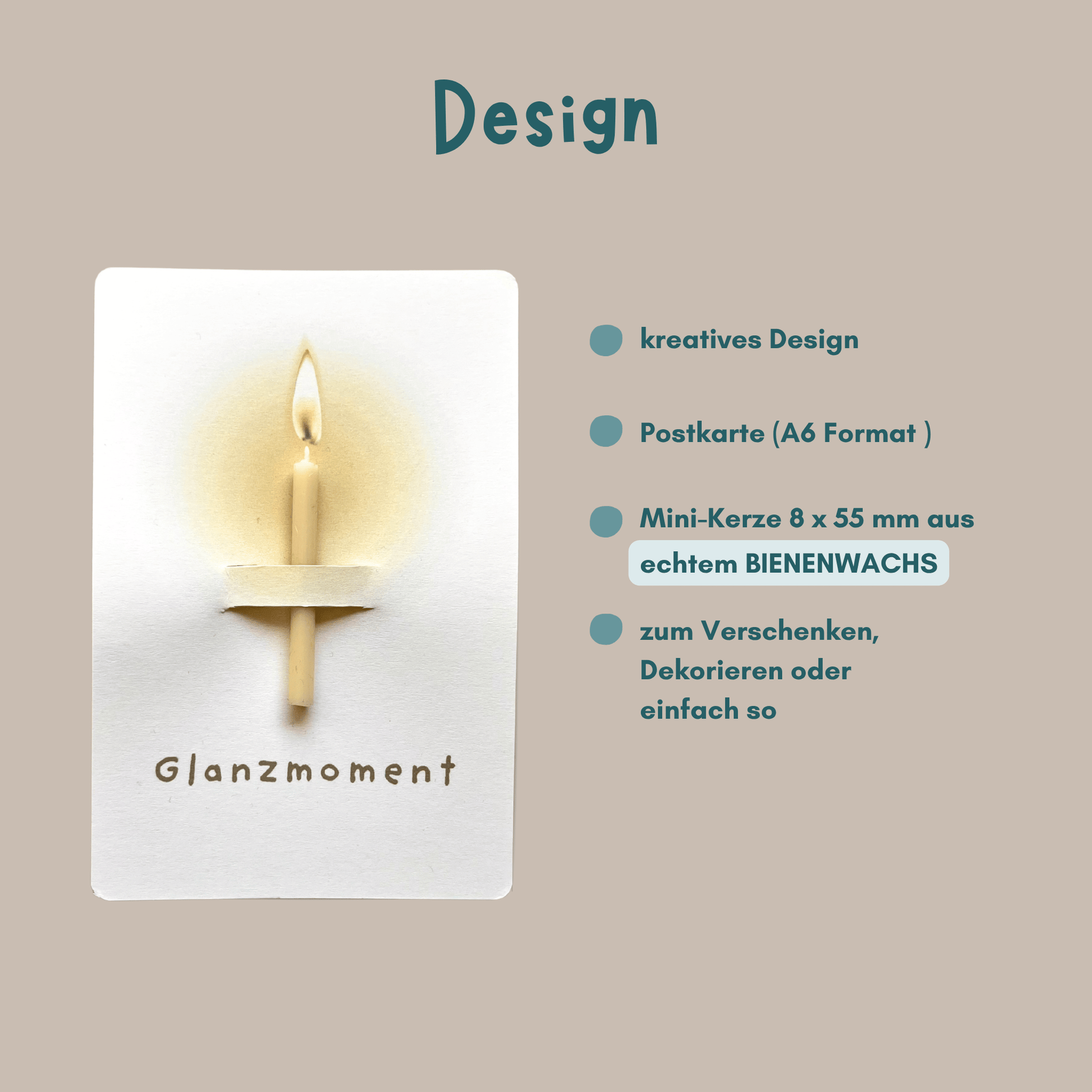 Postkarte mit Bienenwachskerze "Glanzmoment" Übersicht Design