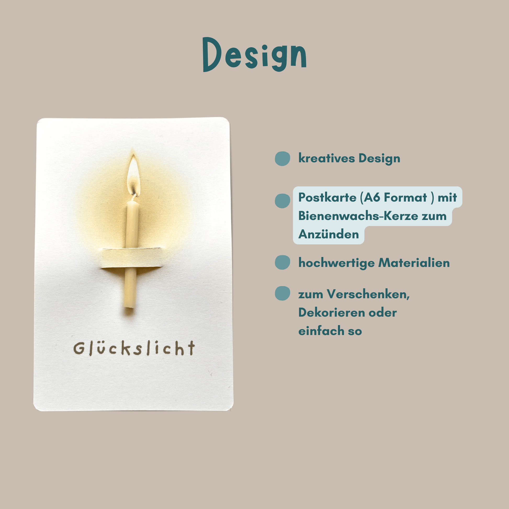 Postkarte mit Bienenwachskerze " Glückslicht" Übersicht Design
