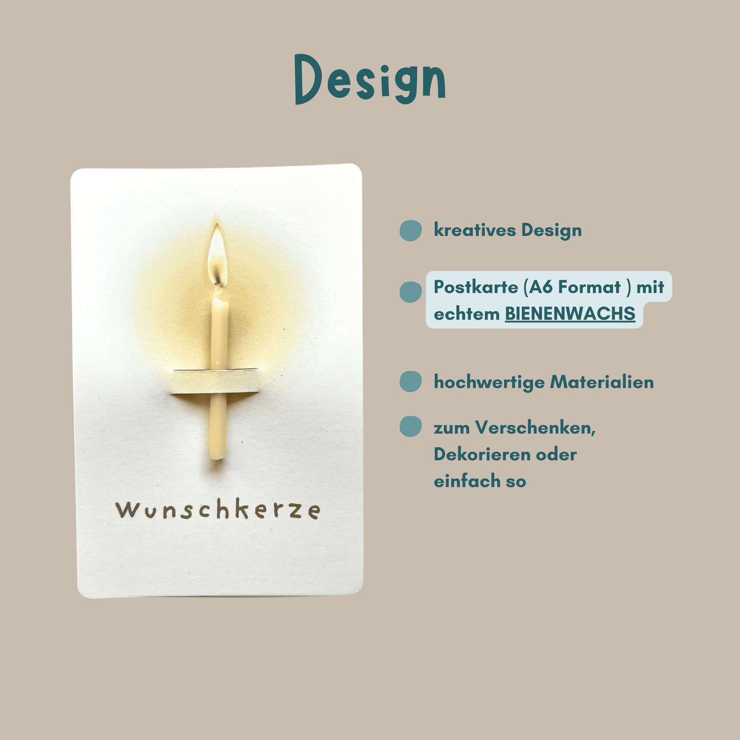 Postkarte mit Bienenwachskerze "Wunschkerze" Übersicht Design