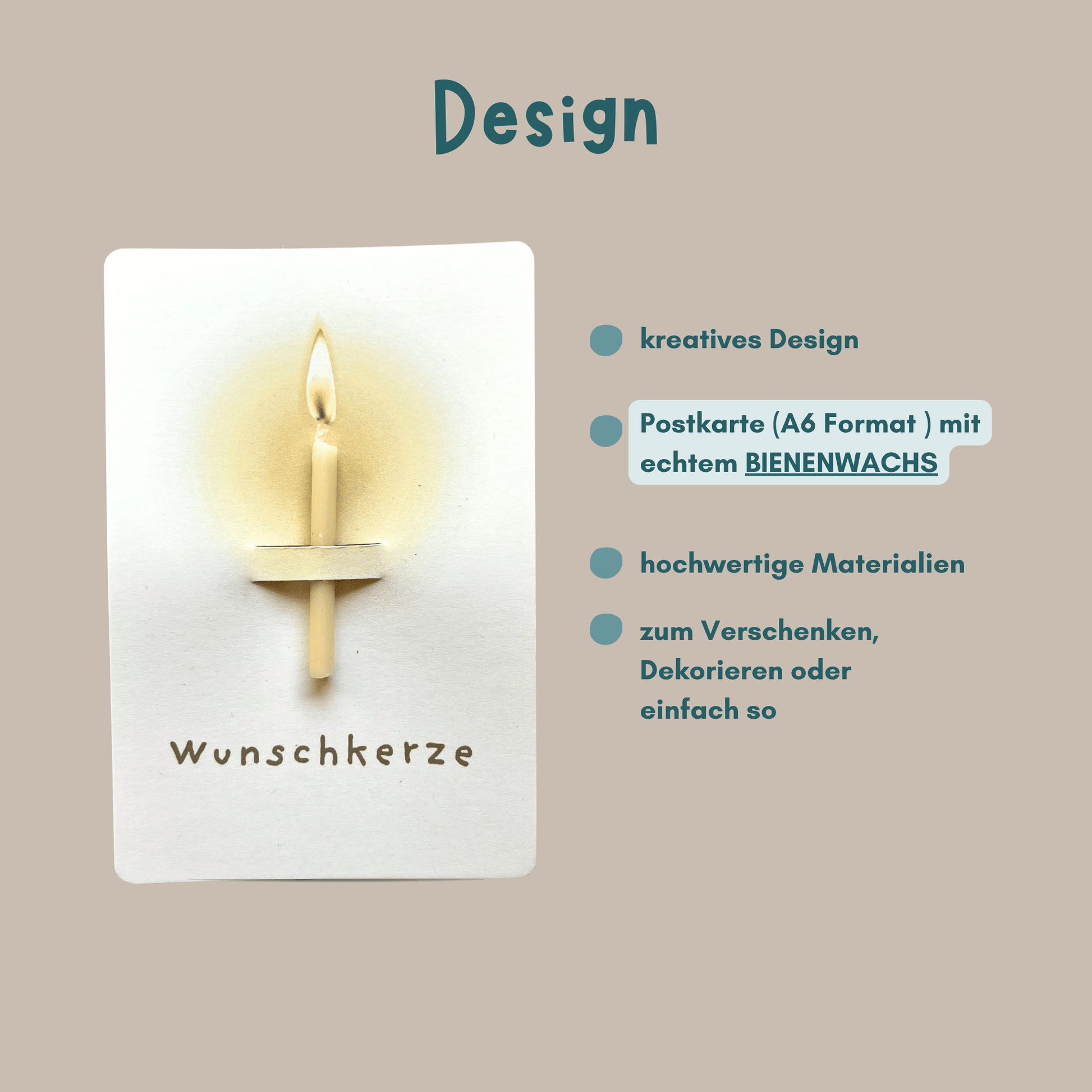 Postkarte mit Bienenwachskerze "Wunschkerze" Übersicht Design