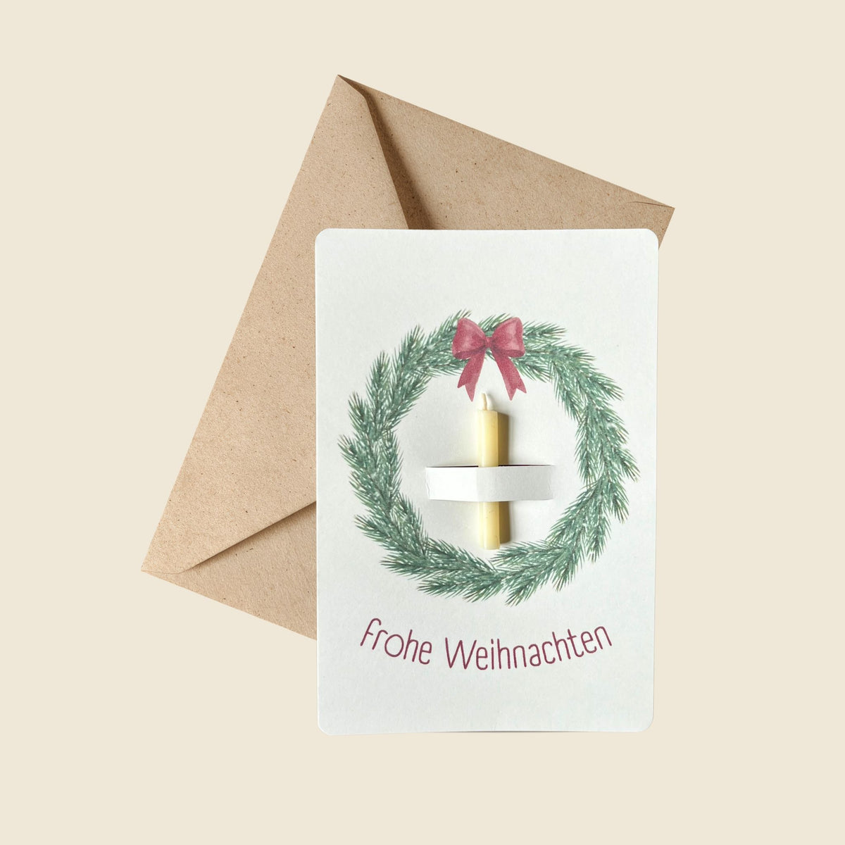 weihnachtliche Postkarte mit Umschlag von foodigence "frohe Weihnachten" mit echter Bienenwachskerze