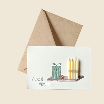 weihnachtliche Postkarte mit echten Bienenwachskerzen "Advent, Advent..." mit Umschlag dazu