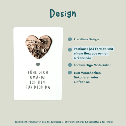 Postkarte mit Birkenherz " fühl dich umarmt - ich bin für dich da" Übersicht Design