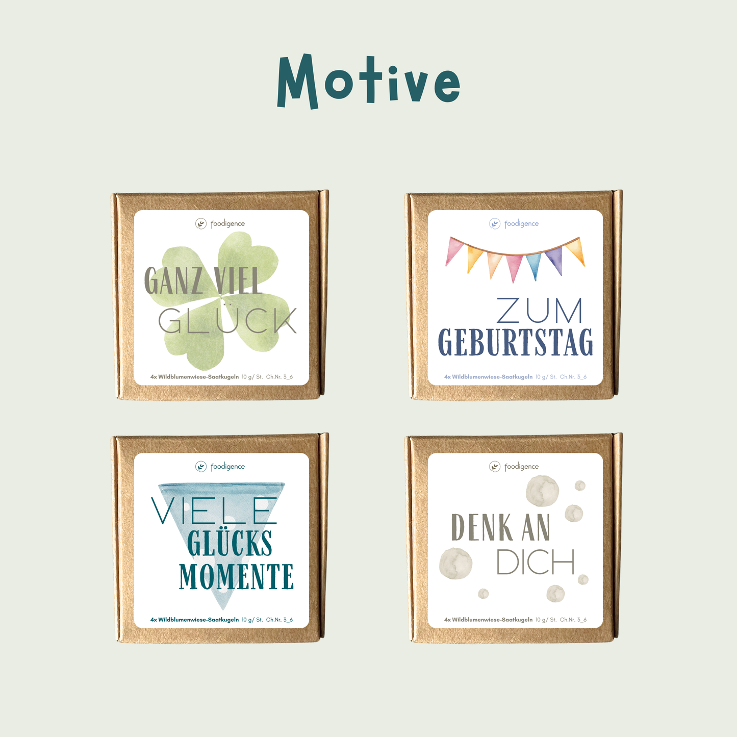 Motivüberblick der 4-er Sets Saatkugeln von foodigence