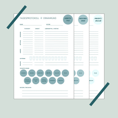 Vorgeschlagener Alt-Text: "Tagesprotokoll Ernährung digital - Ernährungstagebuch Vorlage foodigence