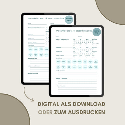Tagesprotokoll Selbstfürsorge PDF Vorlage - digital Sofort Download