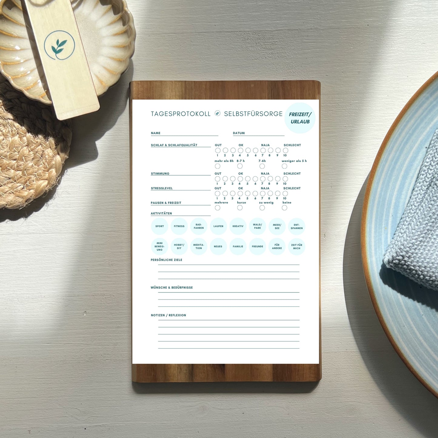 Selbstfürsorge Tagesprotokoll Übersicht - Alle Seiten des PDF Downloads