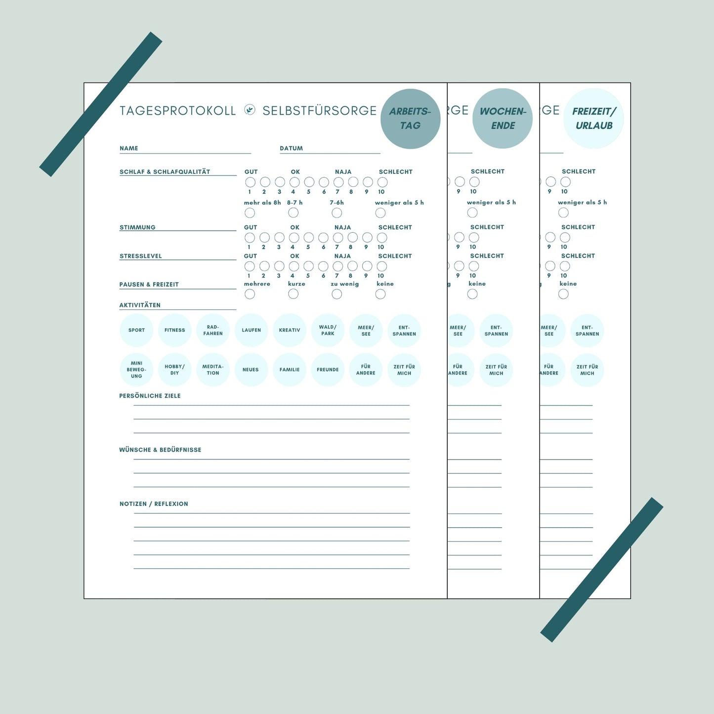 Tagesprotokoll Selbstfürsorge Seite 2 - Ernährung, Bewegung Stress Aktivitäten festhalten