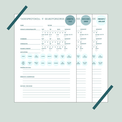 Tagesprotokoll Selbstfürsorge Seite 2 - Ernährung, Bewegung Stress Aktivitäten festhalten