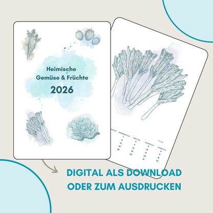 2026 Tischkalender DIN A5 - Heimische Gemüse & Früchte mit minimalistischen Illustrationen