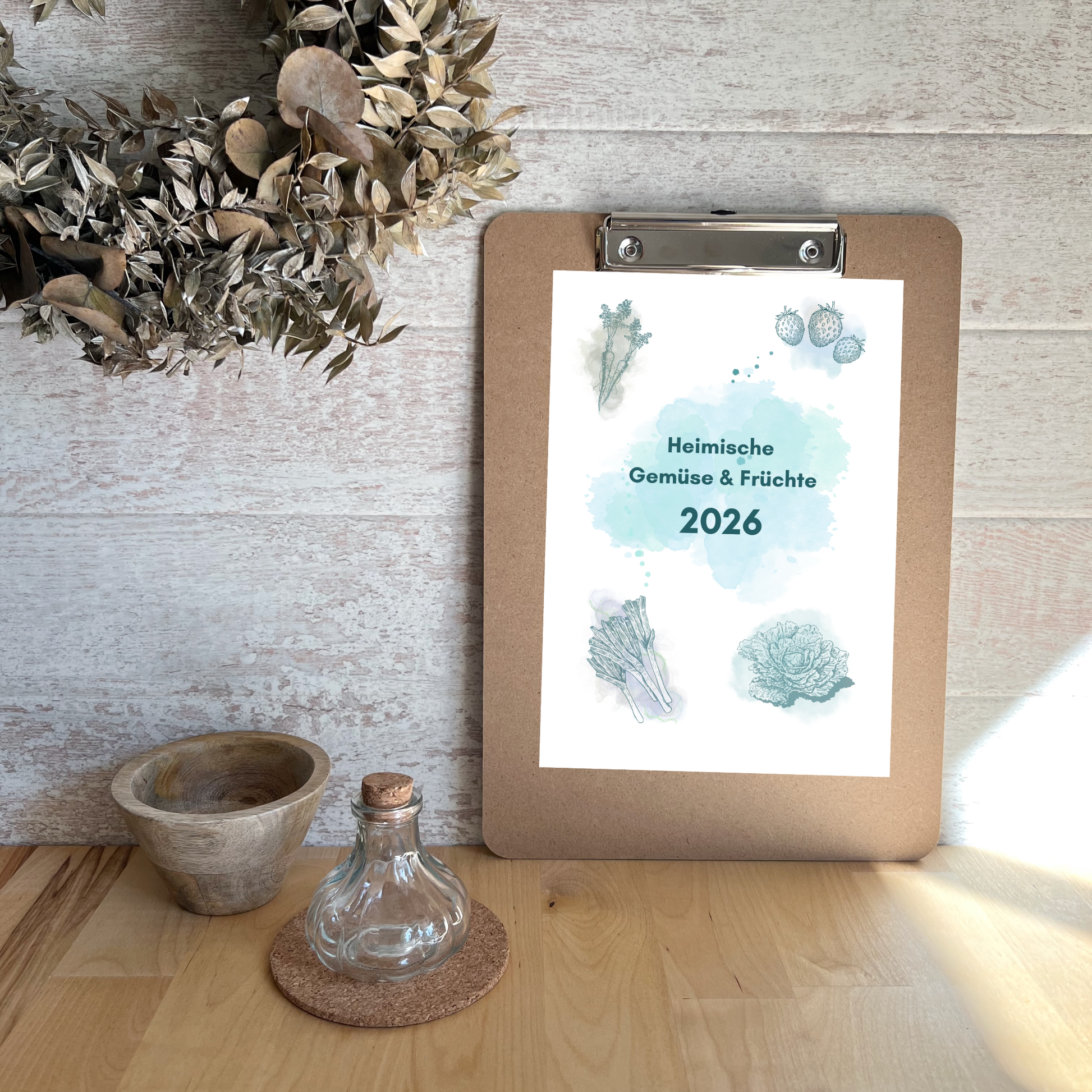 Saisonkalender 2026 Monatsübersicht - Stilvolle Illustrationen heimischer Obst- und Gemüsesorten