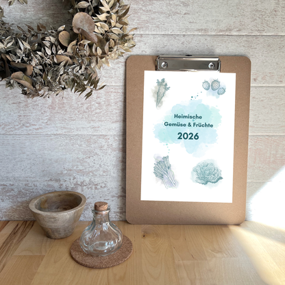 Saisonkalender 2026 Monatsübersicht - Stilvolle Illustrationen heimischer Obst- und Gemüsesorten