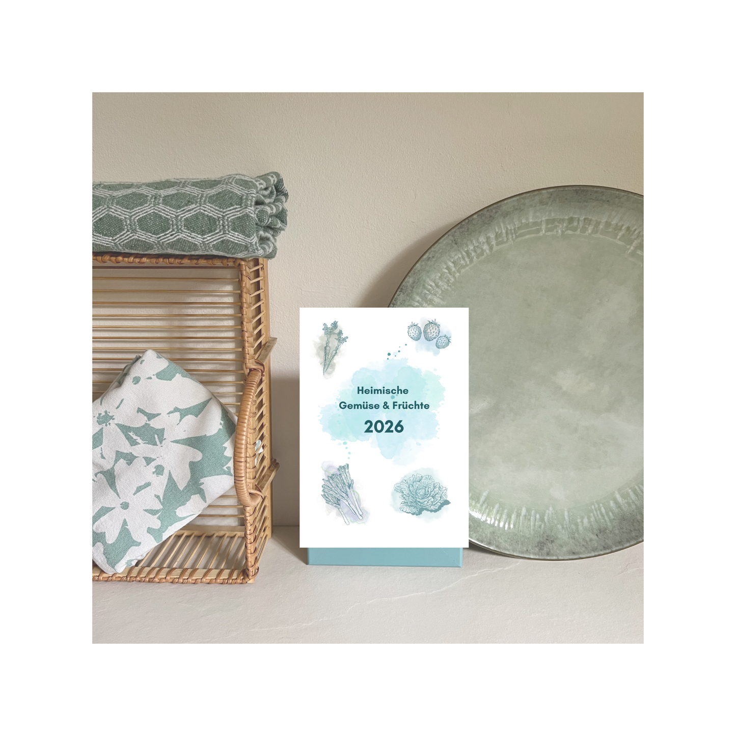 Saisonkalender 2026 Monatsübersicht - Stilvolle Illustrationen heimischer Obst- und Gemüsesorten
