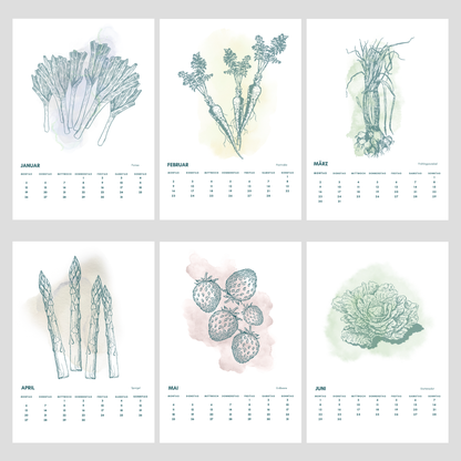 2026 Tischkalender Gesamtansicht - Jahresübersicht regionale Gemüse & Früchte, minimalistische Illustrationen