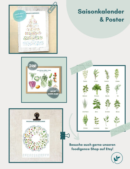 Übersicht foodigence Saisonkalender & Poster (Ernährungspyramide, Kräuterposter, Saisonkalender)