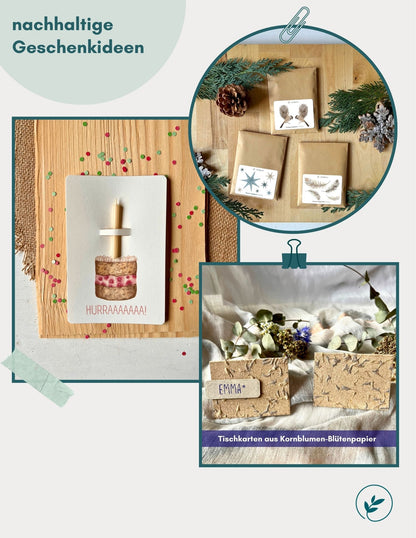 Übersicht foodigence nachhaltige Geschenkideen (Karten mit echter Bienenwachskerze, Vogelfutter, Tischkarten)