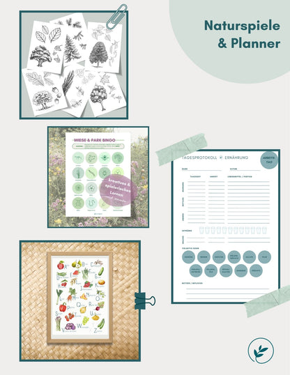 foodigence Übersicht Naturspiele und Planner (Lernkarten, Bingo, Ernährungsprotokoll und Poster)